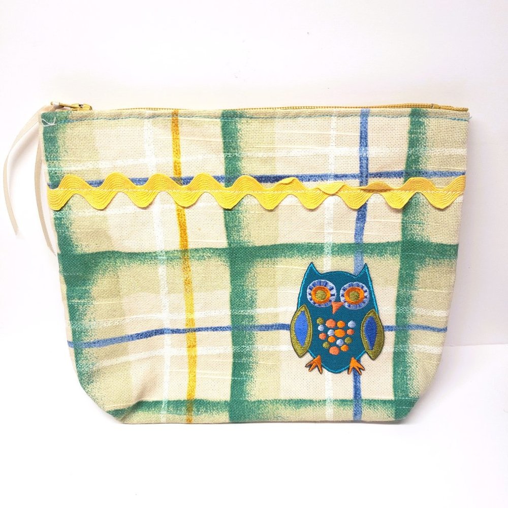 Plaid Owl Makeup Bag Cosmetic Travel Zip Yellow Green Blue